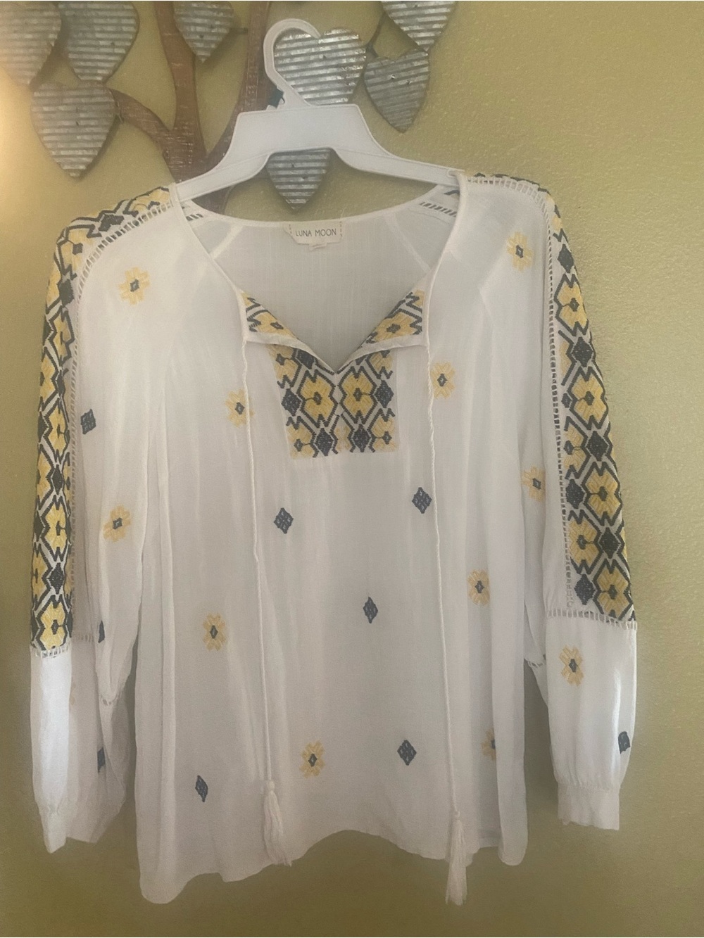 White Embroidered Peasant Blouse with Yellow & Navy Accents